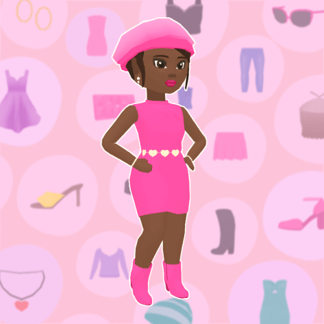 A girl wears a pink dress, shoes and beret